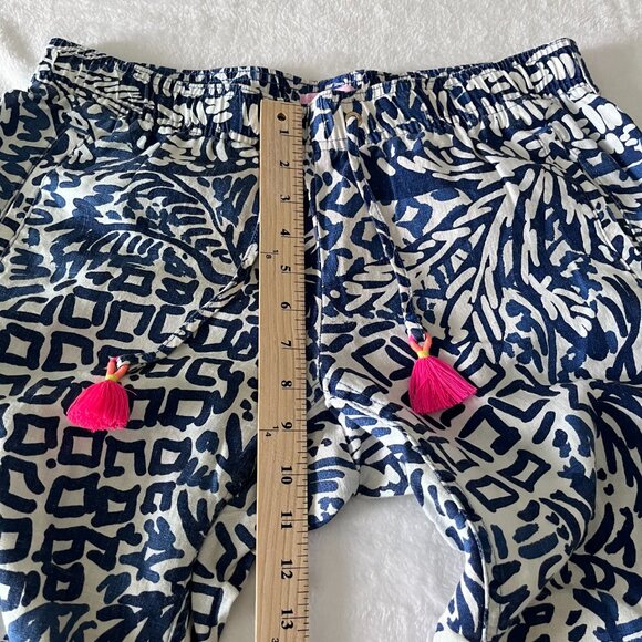 Lilly Pulitzer Linen Ankle Pants Women M Indigo White Pink Tassels Boho Coastal - Picture 7 of 11